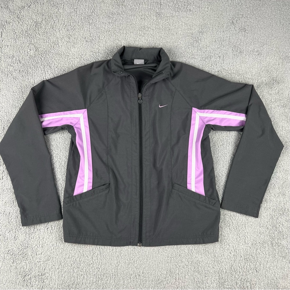 NIKE Jacket Womens Medium Gray Lavender Purple Stripe Fitted Zip Up
